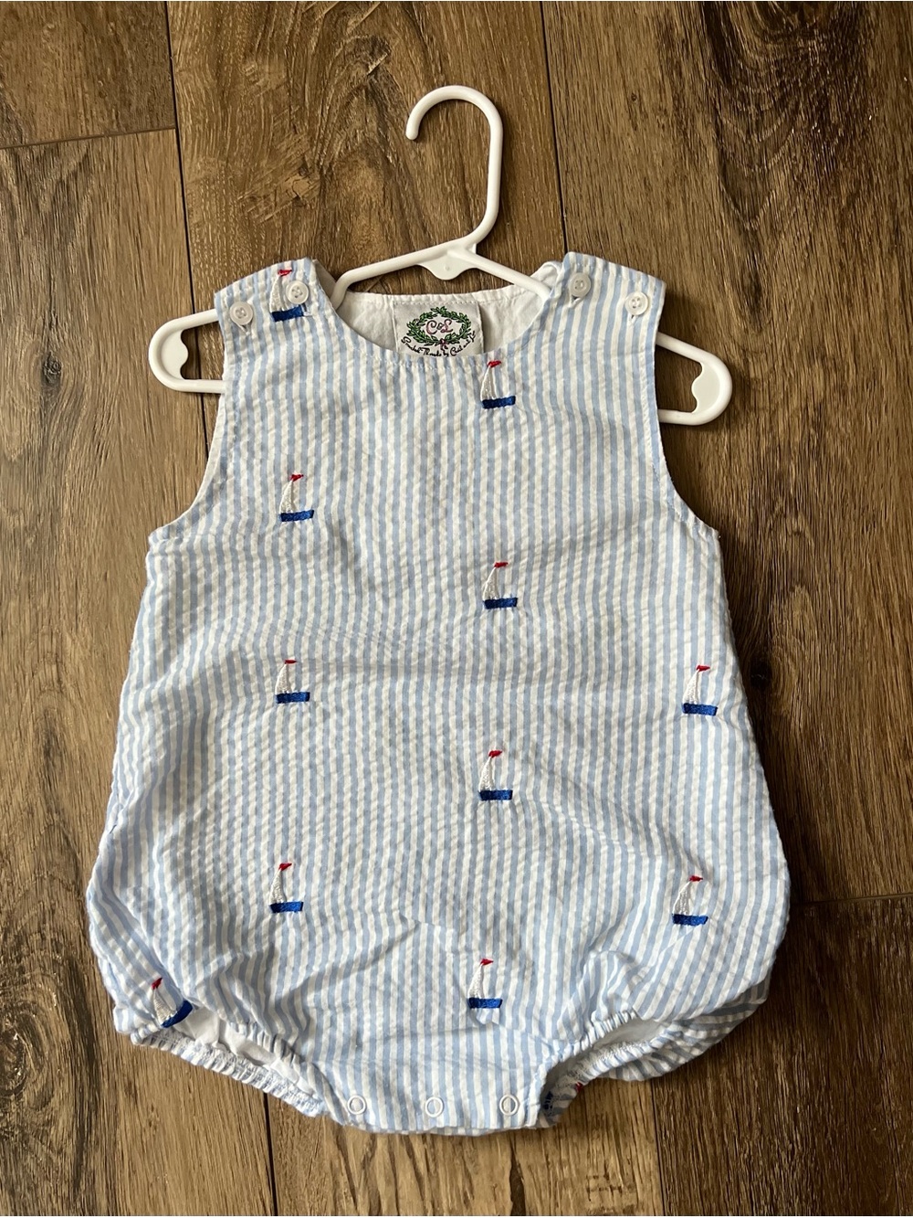 Embroidered Sailboat Seersucker Baby Romper - Blue & White,Red